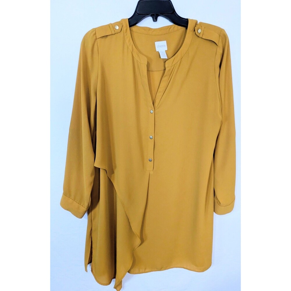 Chicos Tunic Blouse Womens Medium/Sz 1 Petite Mustard Yellow Asymmetric Hem